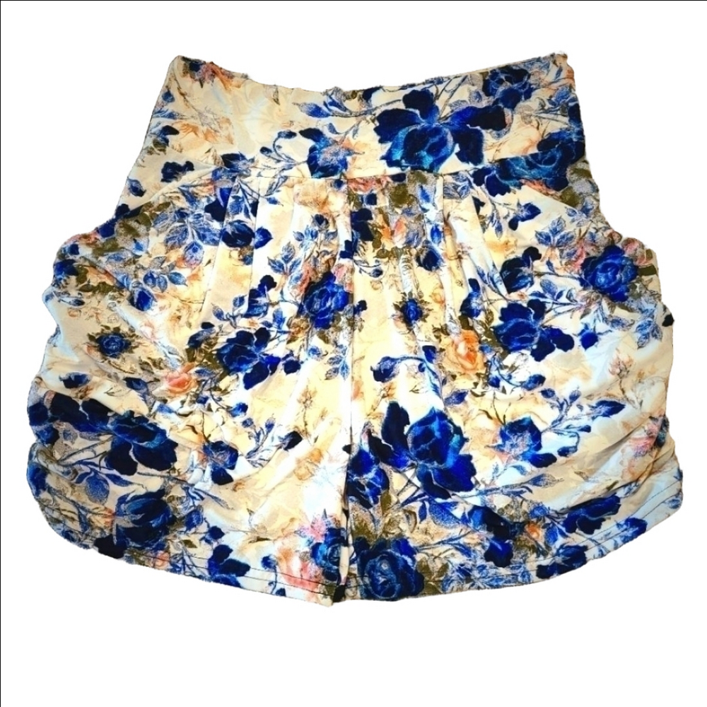 Floral High-Waisted Smocked Side Shorts Ruched Blue Casual Womens Medium